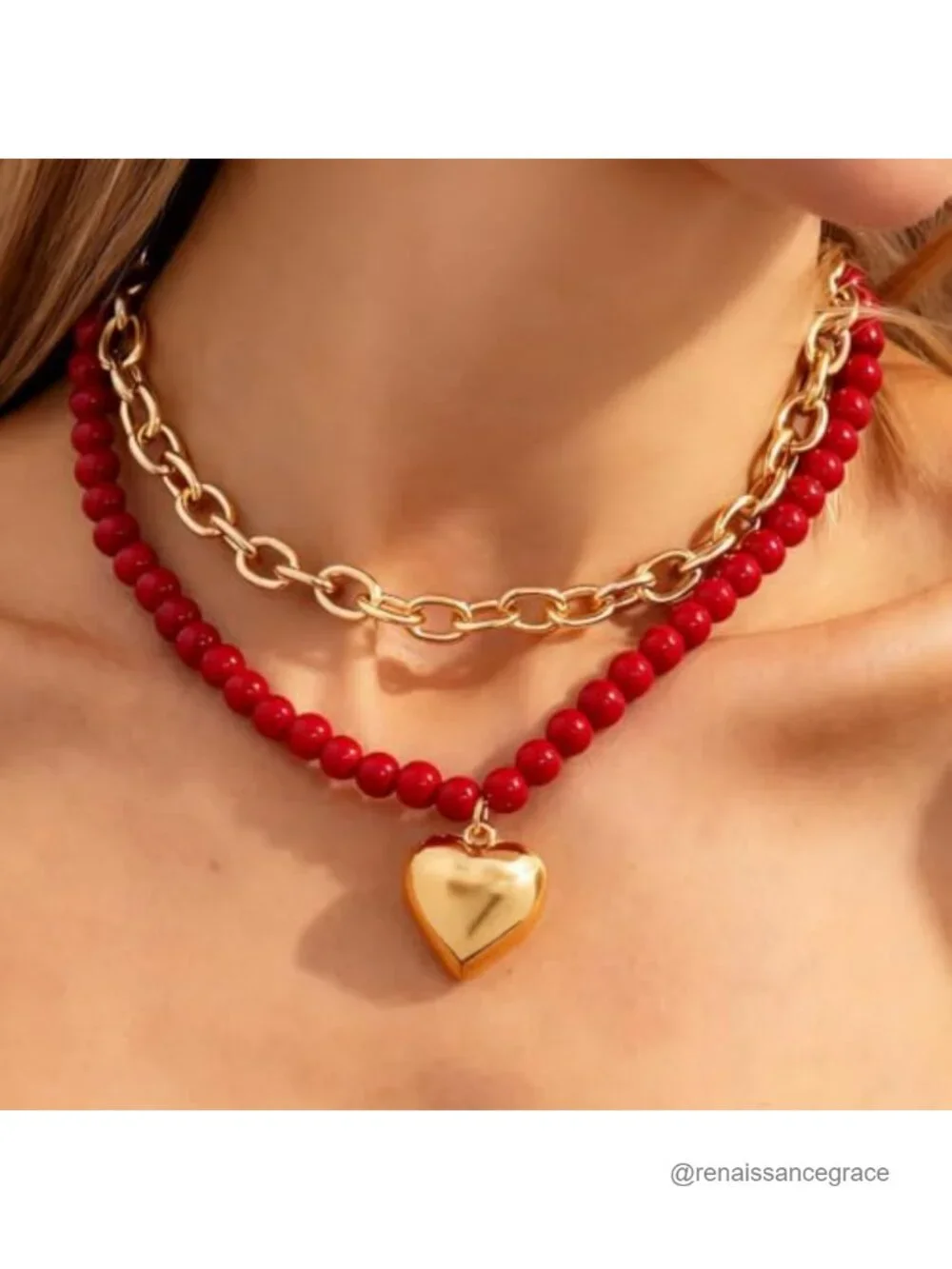 Red Beaded Layered Choker with Heart Pendant Statement Necklace 2-in-1